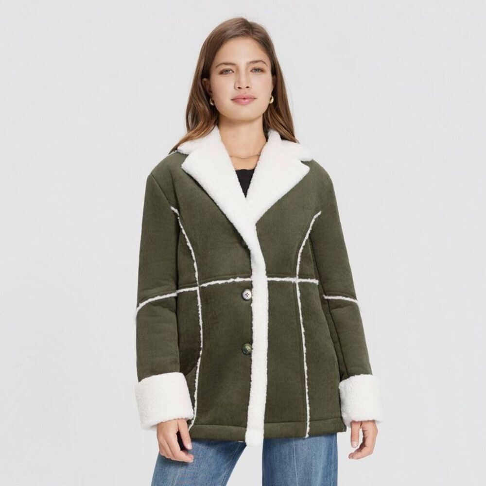 Women's Corduroy Shearling Faux Fur Jacket - Universal Thread Olive Green M